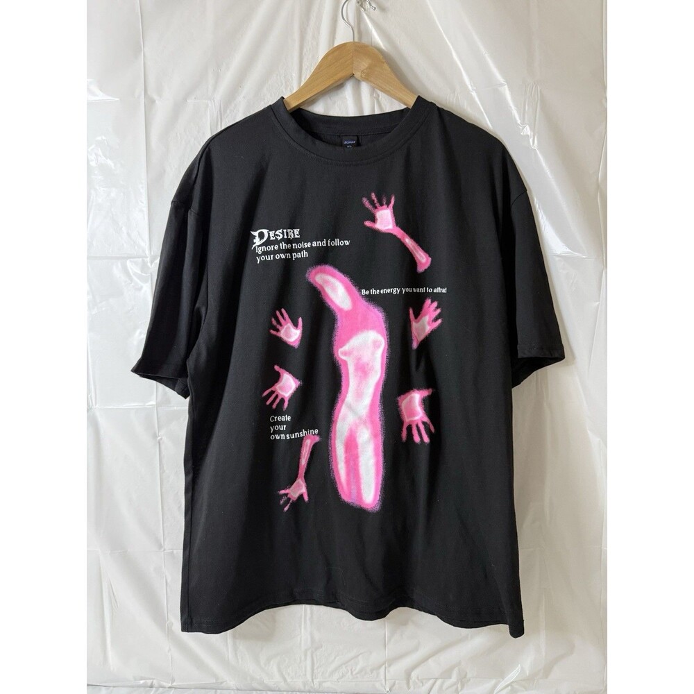 ROMWE Graphic T Shirt Men’s XL Black Pink Abstract Hands Oversized Streetwear